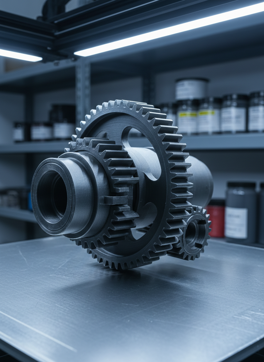 A robust, dark-grey functional prototype gear assembly emerging from the build plate of a professional 3D printer, individual teeth and interlocking mechanisms rendered with crisp clarity. The build plate’s metallic sheen contrasts with the slightly textured polymer surface. In the softly blurred background, organized shelves hold labeled spools of engineering plastics and metal powders. Neutral, cool-toned studio lighting from above and one side creates defined but not harsh shadows, accentuating tolerances and surface quality. Shot in tight, three-quarter macro composition with shallow depth of field, the image feels technical, focused, and confident. The photographic realism and clean, industrial aesthetic emphasize reliability and the capability to produce durable, functional 3D-printed components for demanding applications.