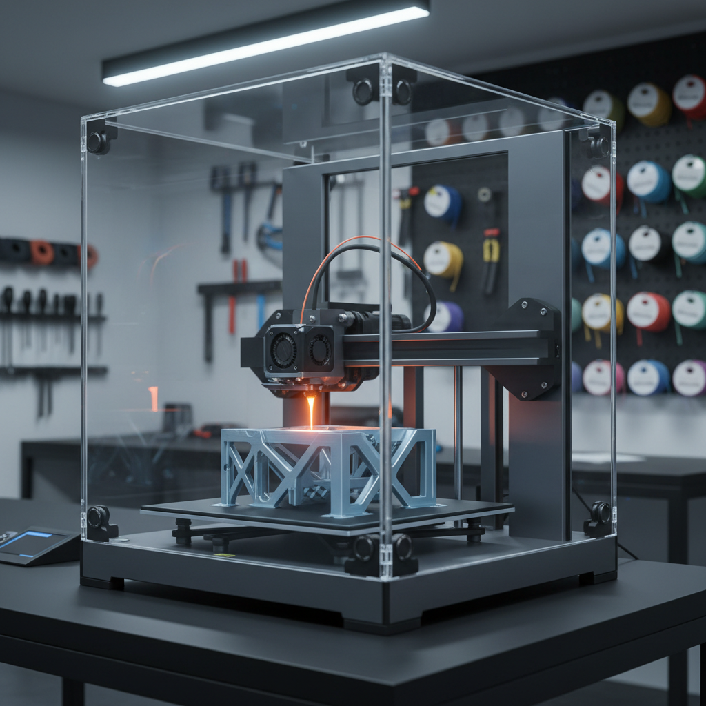 A sleek industrial-grade 3D printer with a transparent enclosure, its print head precisely depositing glowing orange filament onto a partially completed technical component with clean overhangs and lattice structures. The machine stands on a matte black workbench in a spotless, modern workshop with neatly arranged tools and labeled material spools in the background, softly blurred. Cool, diffused overhead LED lighting emphasizes the metallic textures, clear acrylic panels, and crisp layers of the print, casting subtle, controlled shadows. Photographed at eye level with a slight three-quarter angle and shallow depth of field, creating a professional, trustworthy mood. The photographic realism and clean, modern aesthetic communicate speed, reliability, and technical expertise in 3D printing services.
